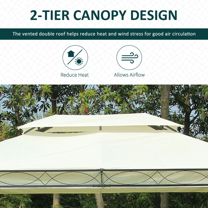 Outsunny 10x13ft Garden Gazebo Double-Tiered with Curtain Outdoor Shelter Backyard Canopy Cream White
