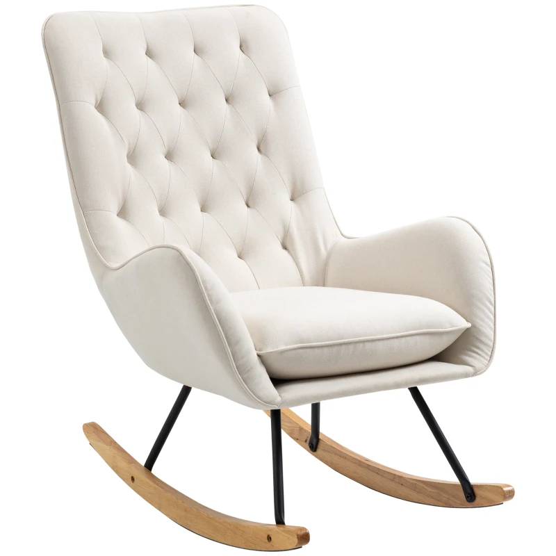 HOMCOM Mid-Century Fabric Rocking Chair Sofa Armchair Tufted Rocker Wingback Accent Chair with Padded Seat, Rubber Wood Base for Home Studio, Bedroom, Living Room, Cream White