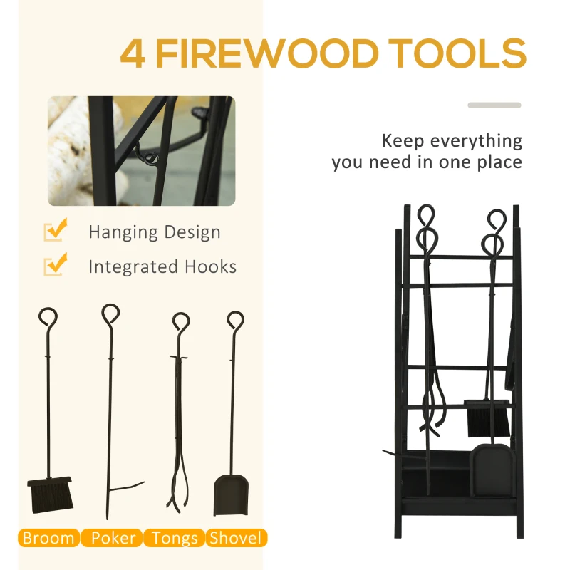 Outsunny Firewood Rack with Fireplace Tools, Indoor Outdoor Firewood Holder, Flat Bottom with 2 Tiers for Fireplace, Wood Stove, Hearth or Fire Pit, Black
