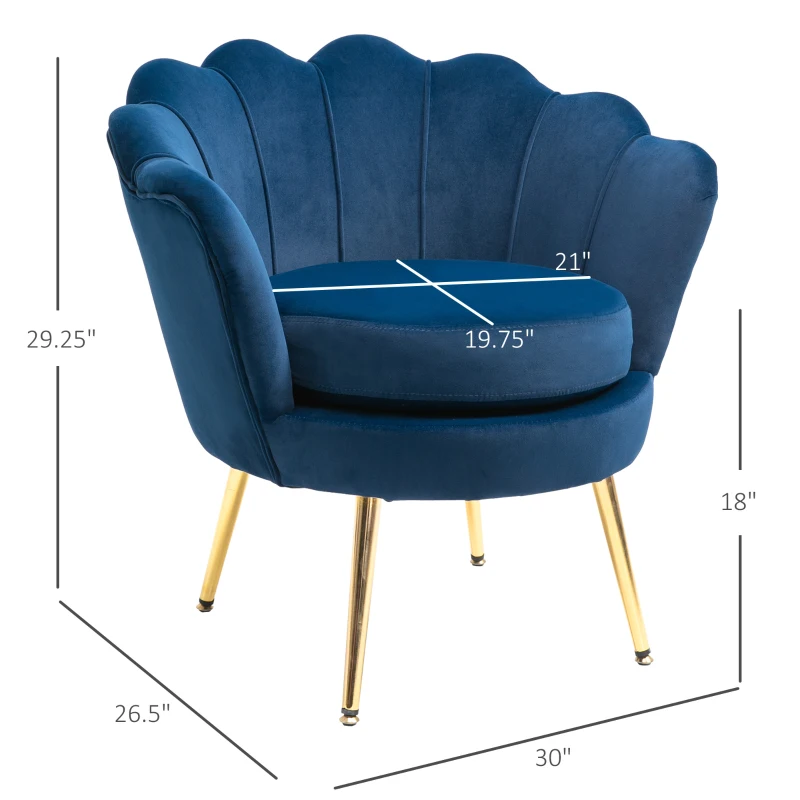 HOMCOM Velvet Armchair, Modern Accent Chair with Gold Metal Legs, Comfy Upholstered Barrel Chair for Living Room Bedroom Vanity Room, Blue