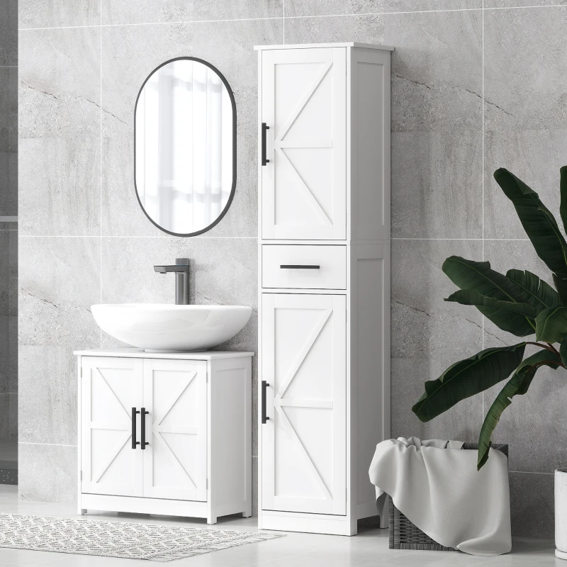 HOMCOM Farmhouse Pedestal Sink Storage Cabinet, Bathroom Sink Cabinet with 2 Barn Doors and Adjustable Shelf, White