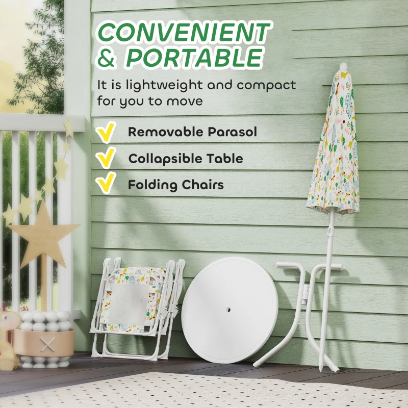 Qaba Kids Picnic Table and Chair Set, Outdoor Activity Table with Foldable Chairs, Removable Umbrella for Backyard, White