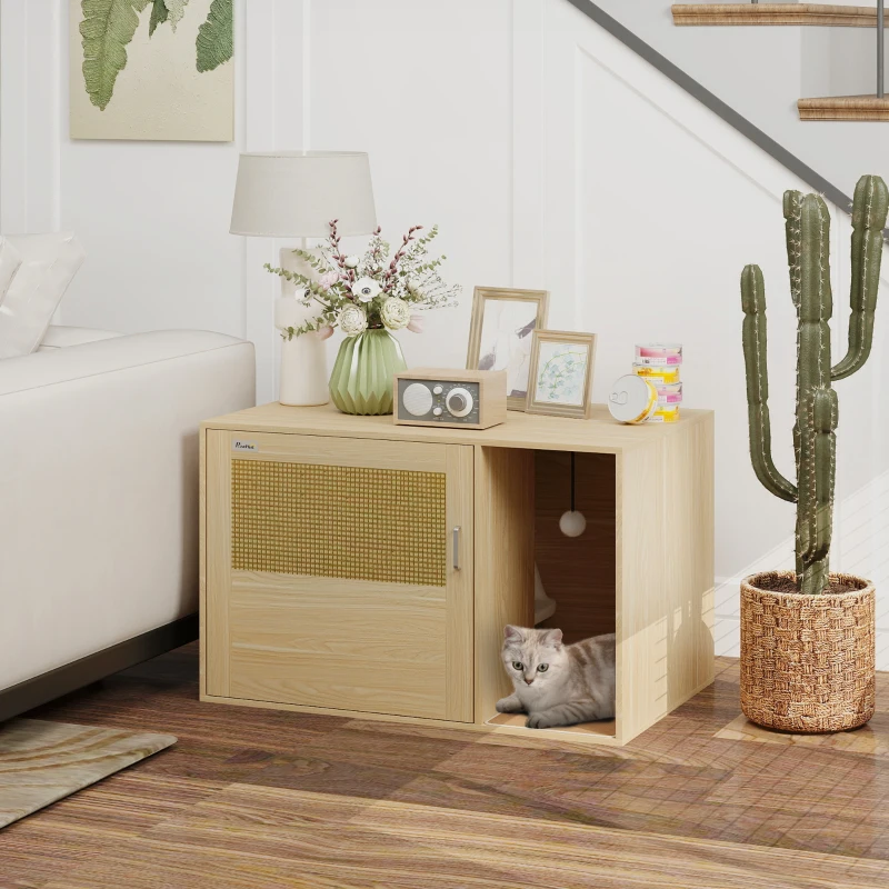 PawHut Boho Style Cat Litter Box Enclosure with Rattan Door, Scratching Mat, Non-slip Foot Pads, 31.5" x 20" x 20"