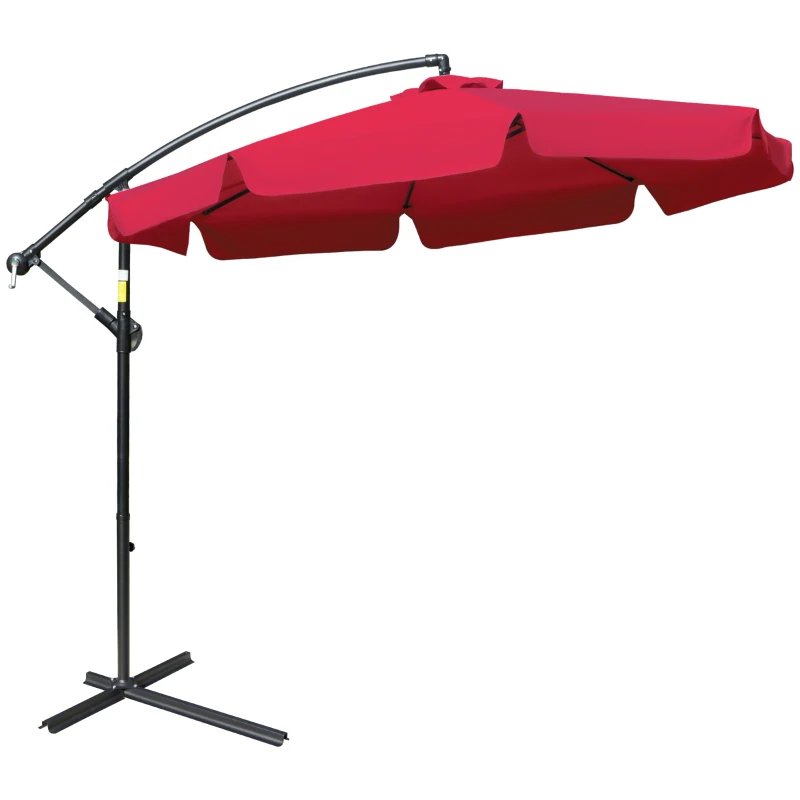 Outsunny 9FT Offset Hanging Patio Umbrella Cantilever Umbrella with Easy Tilt Adjustment, Cross Base and 8 Ribs for Backyard, Poolside, Lawn and Garden, Red