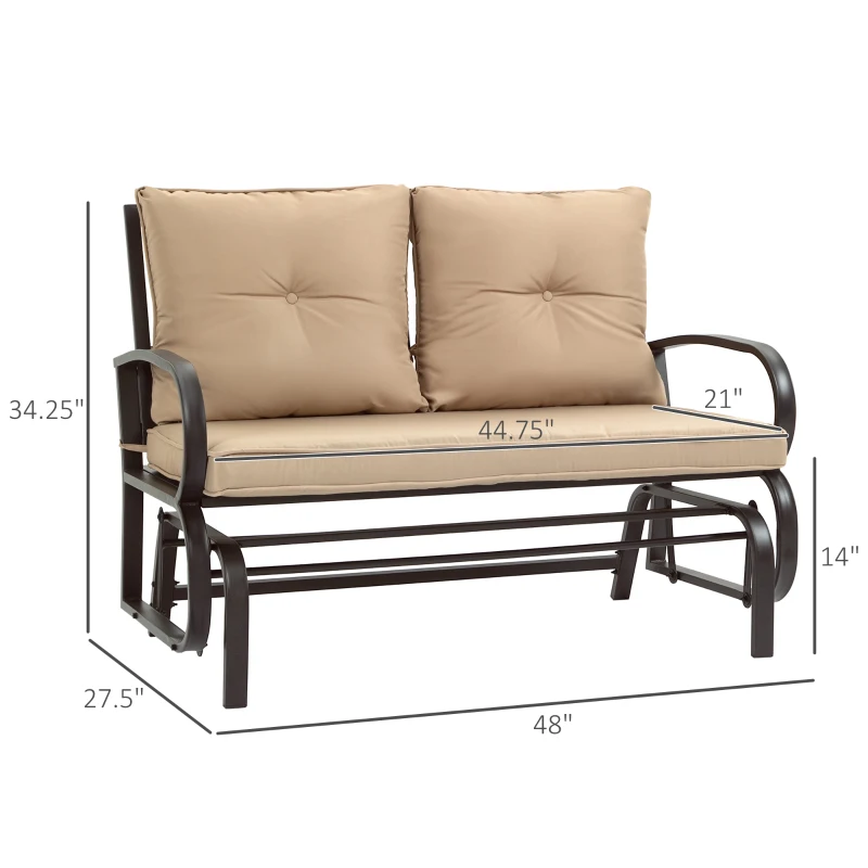 Outsunny 2-Person Outdoor Glider Chair, Patio Double Rocking Loveseat with Steel Frame and Cushions for Backyard, Garden and Porch, Khaki