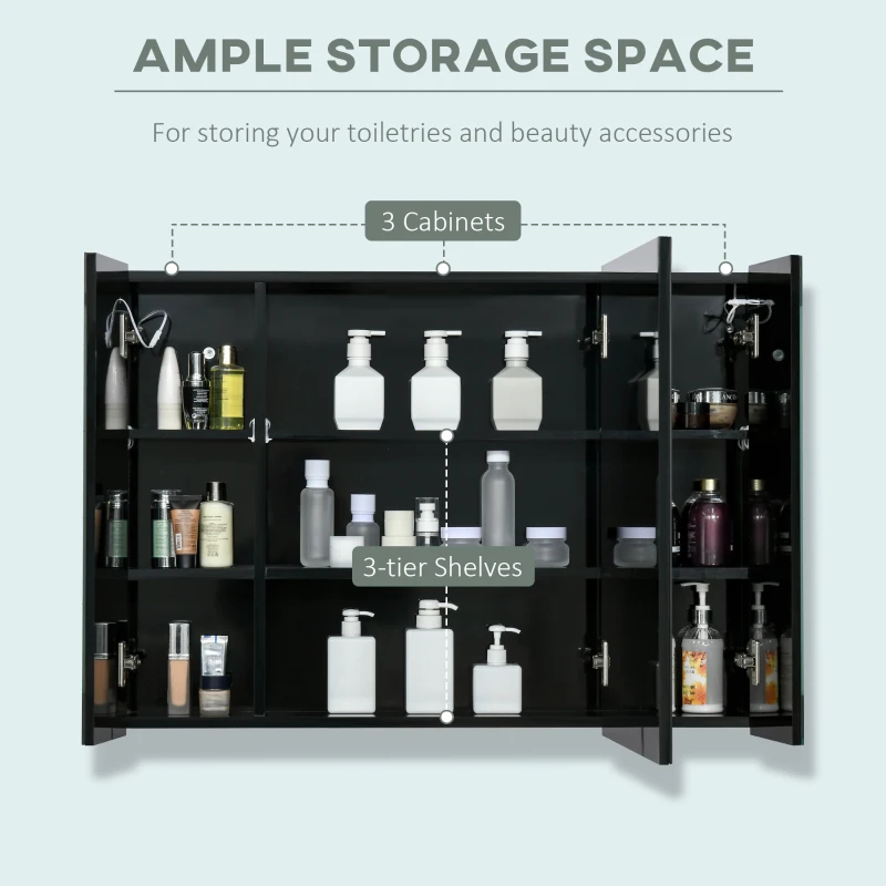 kleankin Medicine Cabinet with Mirror, Wall Mounted Bathroom Mirror Cabinet with Adjustable Shelf, USB Charge, High Gloss Black