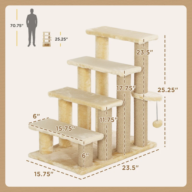 PawHut Cat Tree, Cat Tower Cat Stair Steps with Scratching Post, Hanging Play Ball for High Bed, Sofa, Indoor / Outdoor