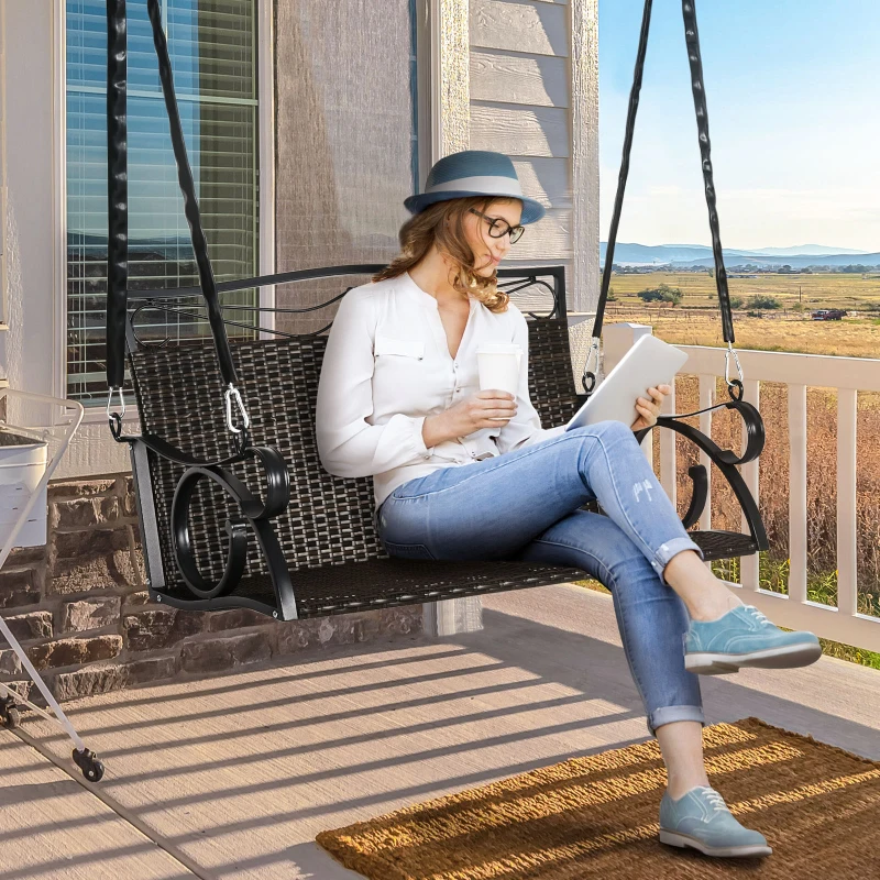 Outsunny 2-Person Wicker Porch Swing for Outside, Hanging Swing Bench with Steel Chains for Garden, Deck, Backyard, 528lbs Weight Capacity