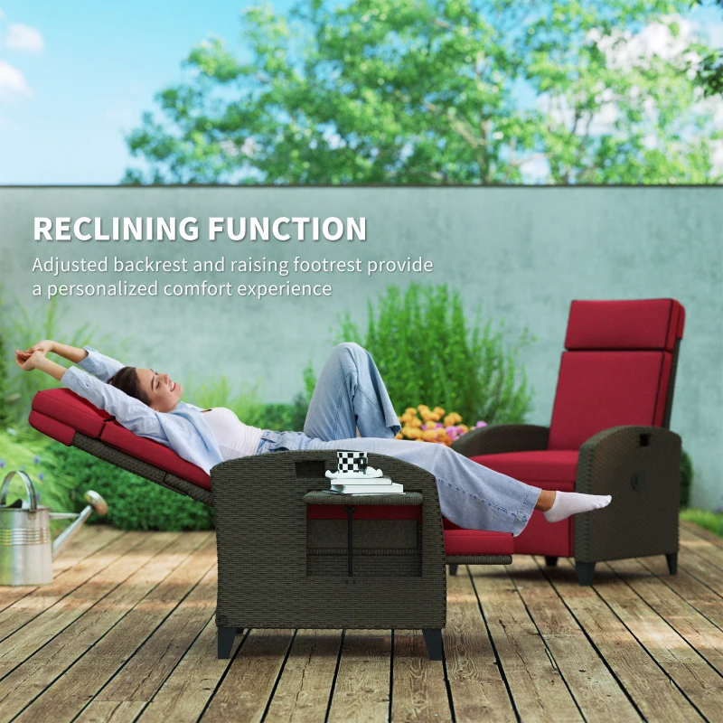 Outsunny Outdoor Recliner Chair with Adjustable Backrest, Cushion, Side Tray, Wine Red