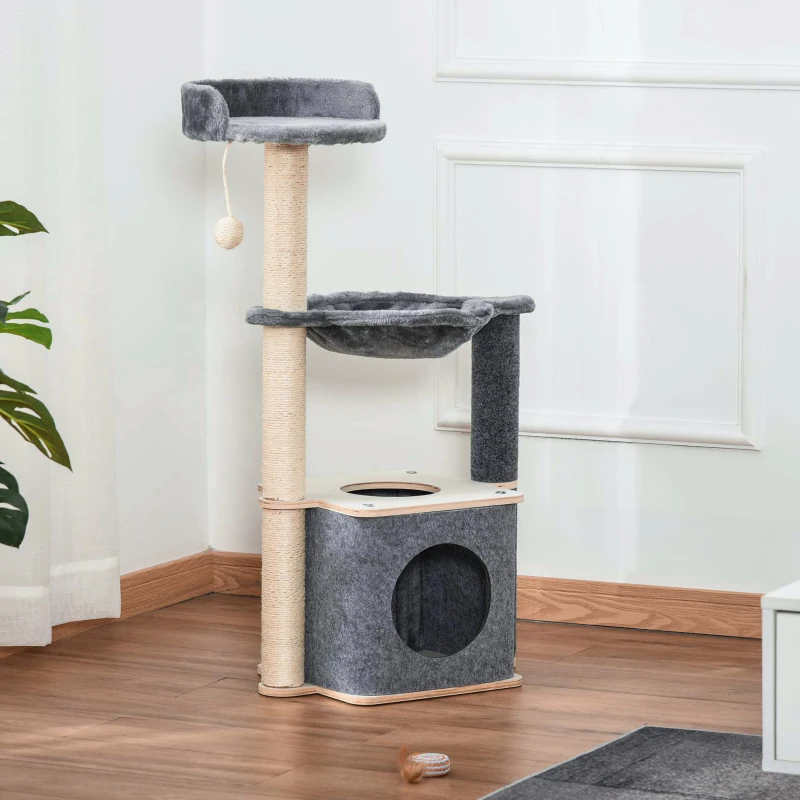 PawHut Cat Tree, Multi-Level Cat Tower with Cat Scratching Post, Perch, Cat Condo, Hammock, Hanging Toy Ball, Grey
