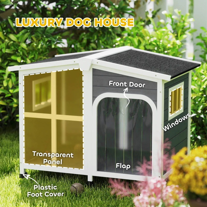 PawHut Cabin-Style Wooden Dog House for Large Dogs with Openable Roof & Giant Window, Dark Gray