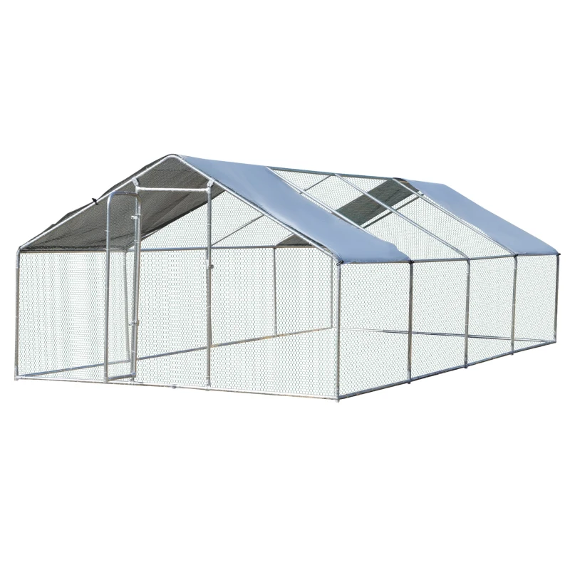 PawHut 9.8' x 26.2' Metal Chicken Coop, Galvanized Walk-in Hen House, Poultry Cage with 1.25" Tube, Waterproof UV-Protection Cover for Rabbits, Ducks