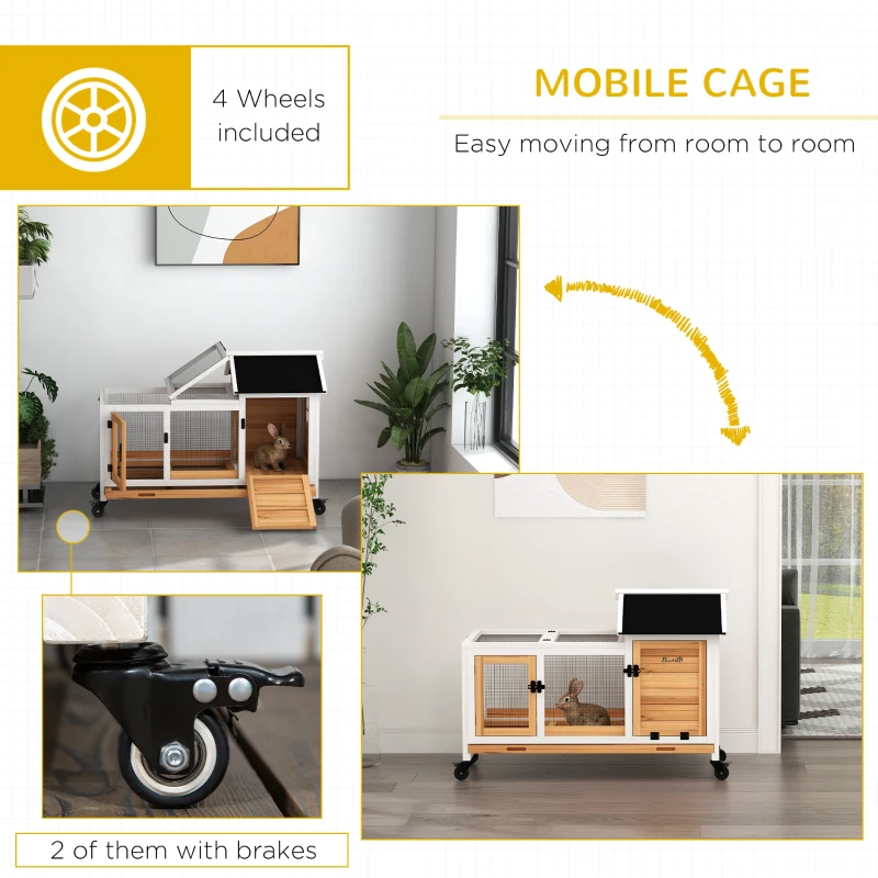 PawHut Wooden Rabbit Hutch with Wheels, Run, Slide-out Tray for Small Animals, Guinea Pig, Yellow
