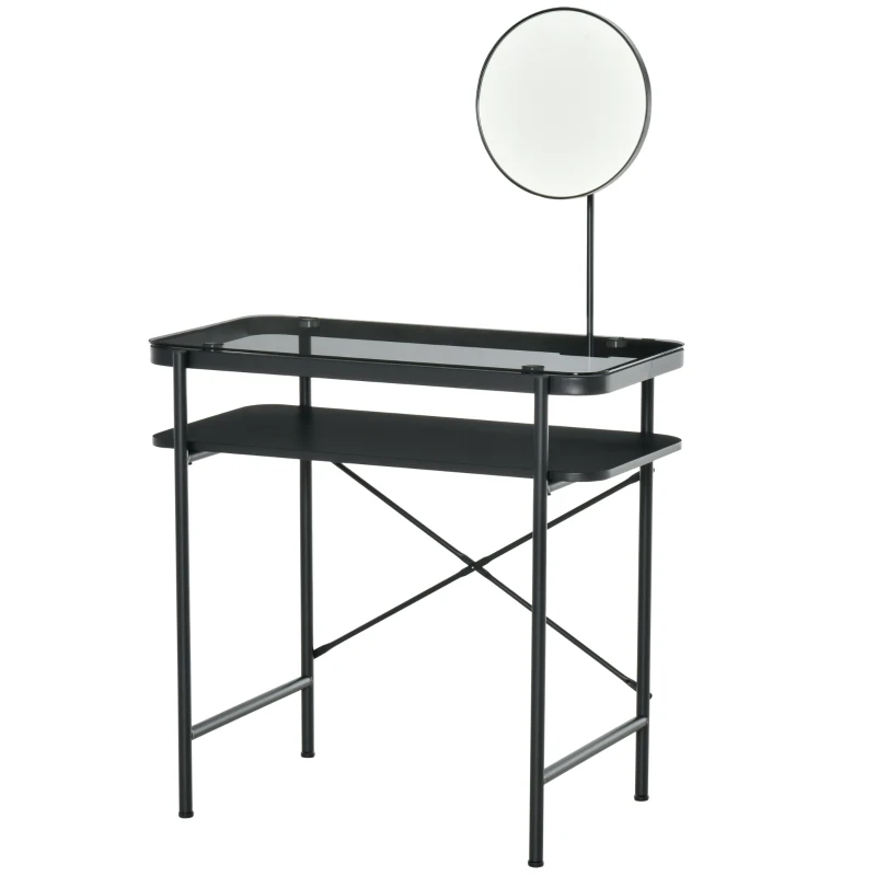 HOMCOM Modern Glasstop Vanity Table with Mirror,  Makeup Dressing Table with Rotating Round Mirror, Shelves for Perfumes, Cosmetics, Lotions, Black