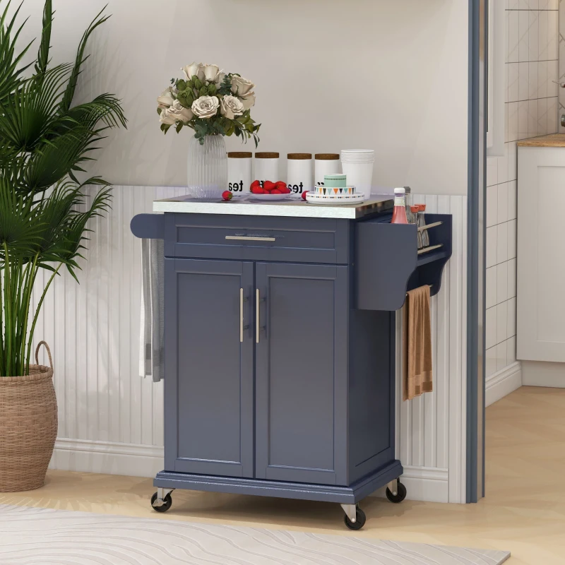HOMCOM Kitchen Island with Wheels, Rolling Kitchen Island with Storage, Stainless Steel Countertop for Dining Room, Deep Blue