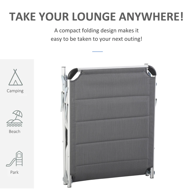 Outsunny Folding Lounge Chair Outdoor 5-Level Reclining Chaise Lounge Chair Outdoor Camping Tanning Chair with Aluminum Frame, Padding, and Headrest for Beach, Yard, Patio, Pool, Gray