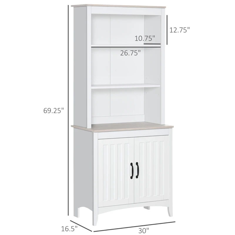 HOMCOM 70" Kitchen Hutch, Freestanding Storage Pantry Cabinet with 3-Tier Shelving, Sideboard with Adjustable Shelves and Open Countertop, White