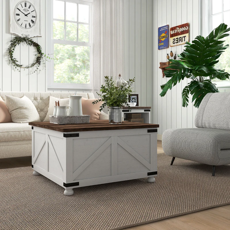 HOMCOM Coffee Table with Lift Top, 32" Farmhouse Center Table with Hidden Compartment for Living Room, Antique White
