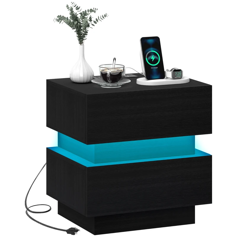 HOMCOM Bedside Table with Charging Station and LED Light Modern Nightstand with USB Ports AC Outlets Drawers Remote, Black