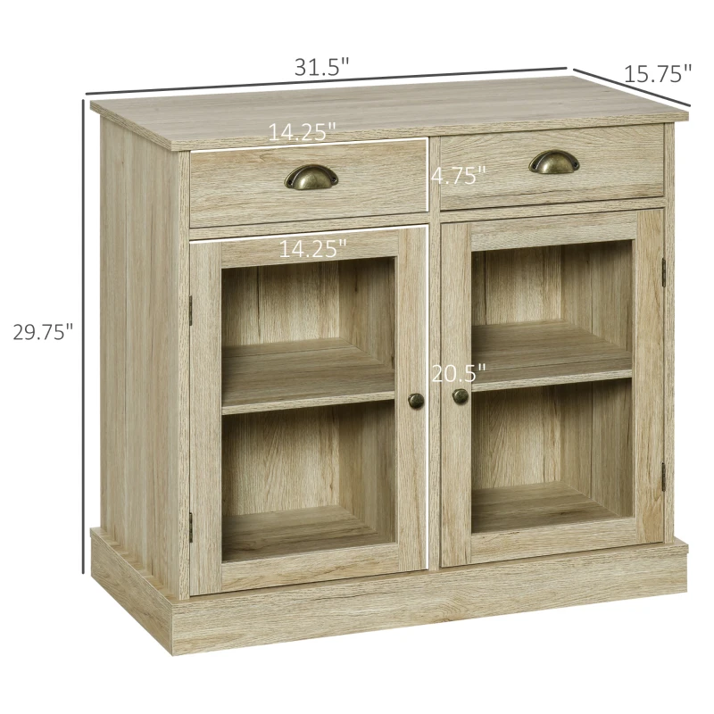 HOMCOM Farmhouse Sideboard Buffet Cabinet, Kitchen Cabinet with 2 Glass Doors, Coffee Bar Cabinet with Adjustable Shelves and 2 Drawers for Living Room, Oak