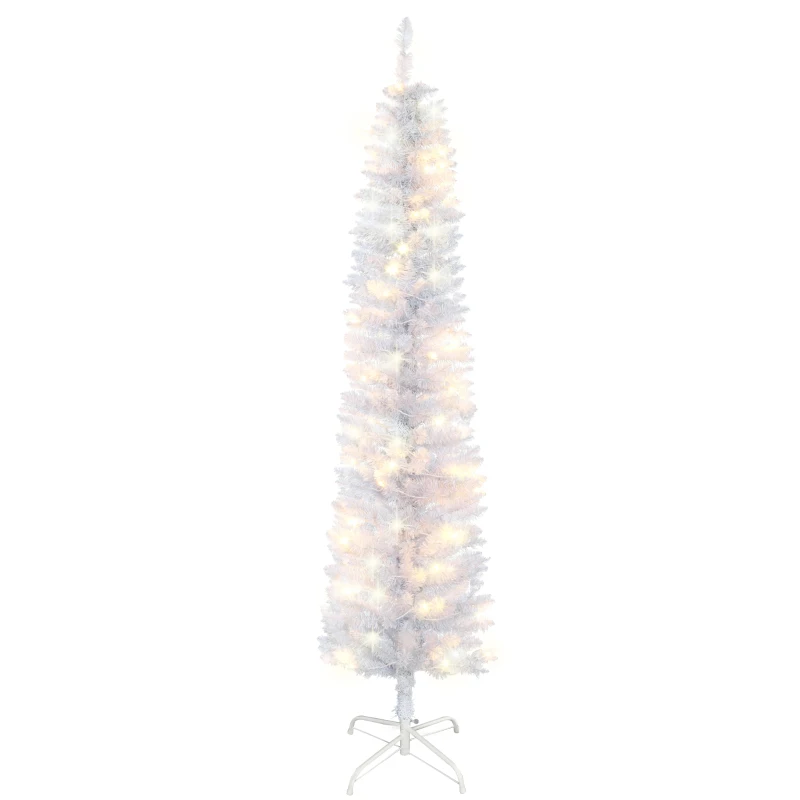 HOMCOM 6ft Tall Prelit Pencil Artificial Christmas Tree, Holiday Décor with 395 Realistic Branches, 100 LED Lights, Foldable Metal Base, White