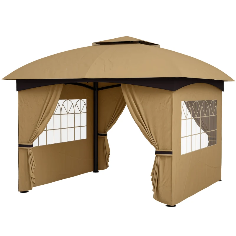 Outsunny 11' x 11' Outdoor Gazebo, Double Roof Patio Gazebo Canopy with Curtains, Church Windows, Galvanised Steel Frame, Beige