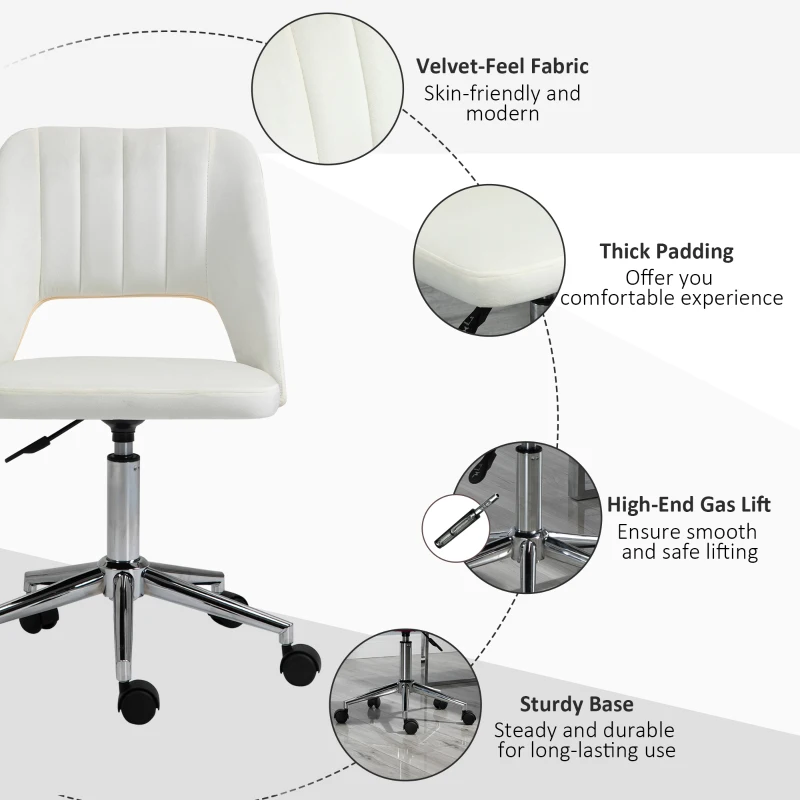 Vinsetto Mid Back Office Chair Velvet Fabric Swivel Scallop Shape Computer Desk Chair, Cream White