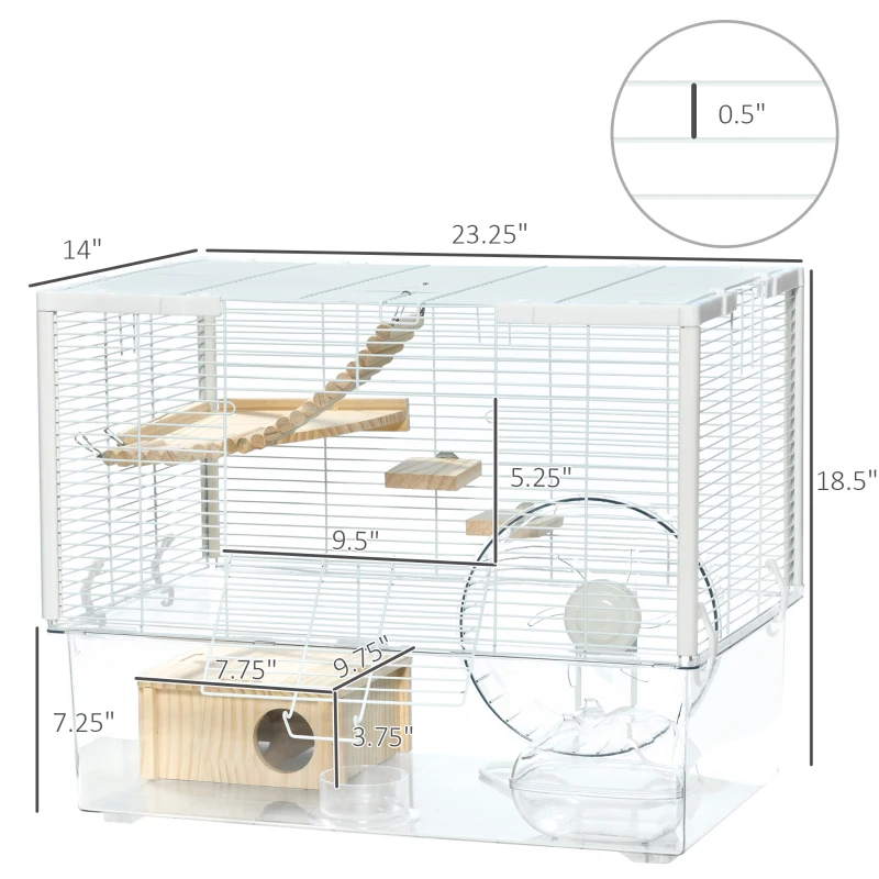 PawHut Wooden Hamster Cage, Gerbil Cage with Deep Bottom, Exercise Wheel, Food Dish, White