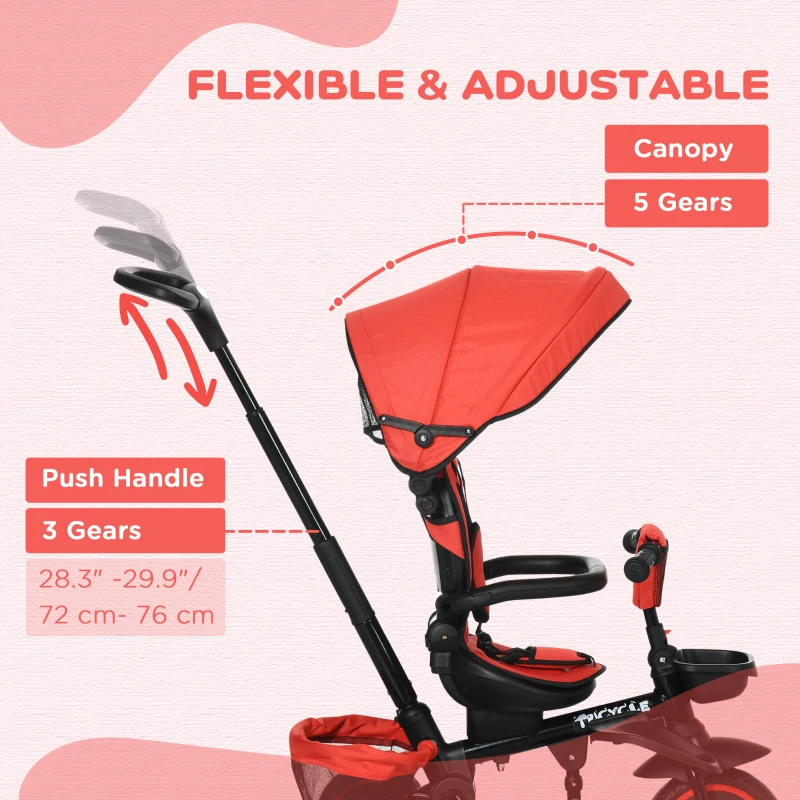Aosom 6-in-1 Toddler Tricycle for 12-50 Months, Foldable Kids Trike with Adjustable Seat and Push Handle, Safety Harness, Removable Canopy, Footrest, Red