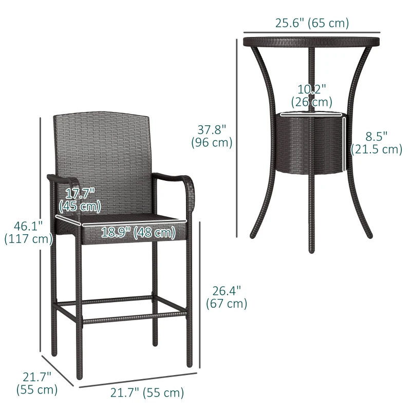 Outsunny 3 Pieces Patio Bar Set, Rattan Bistro Table and Chairs, Outdoor Conversation Furniture Set with Ice Bucket, Dark Brown