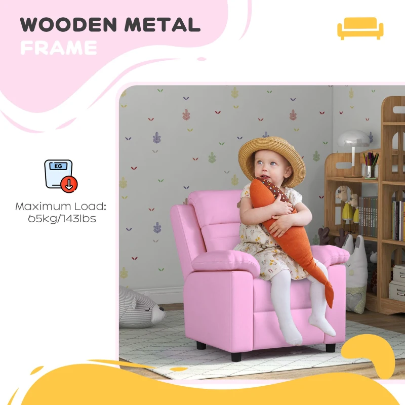 Qaba Kids Leather Recliner Chair with Armrest, Footrest, Headrest for Boys and Girls 3-9 Years Old, Pink