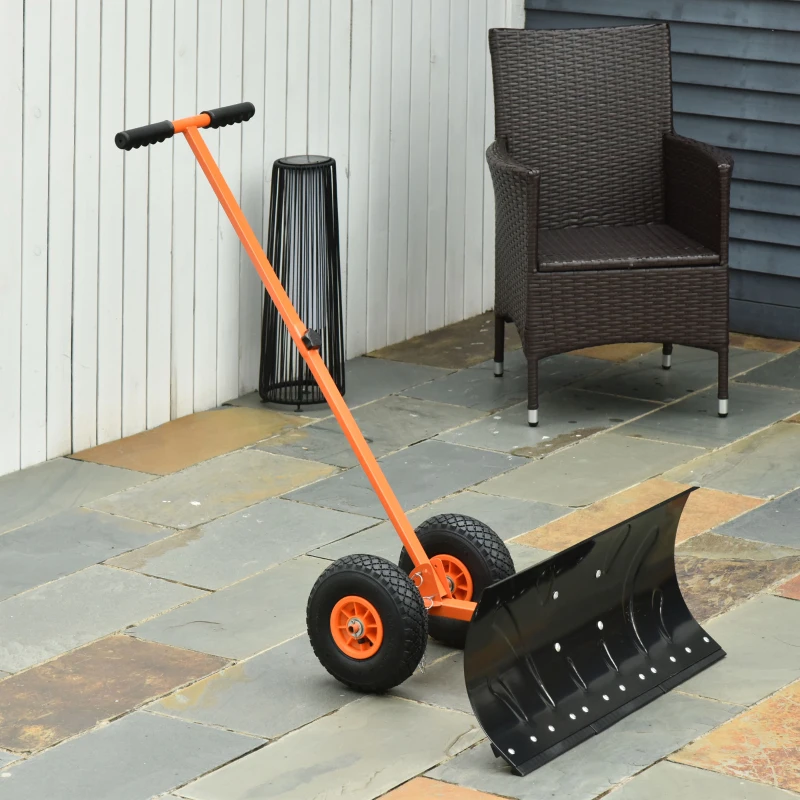 Outsunny Snow Shovel, Rolling Pusher with 29" Blade, 10" Wheels & Angle-Adjustable Handle, Orange