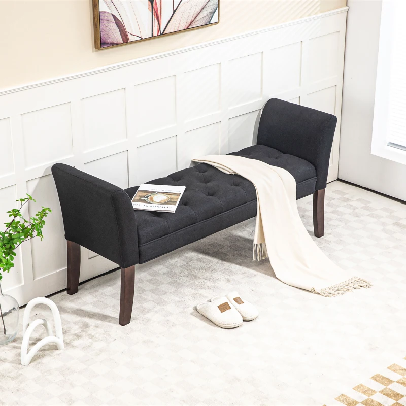 HOMCOM Upholstered Bedroom Entryway Bench with Button Tufted Design, End of Bed Bench with Arms and Solid Wood Legs, Black