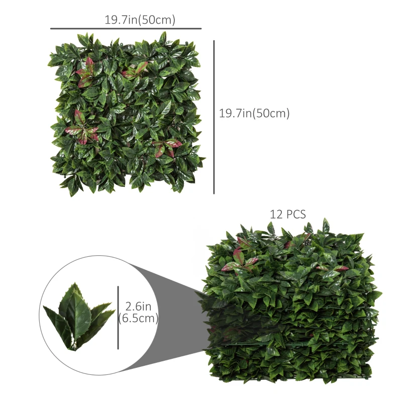 Outsunny 12PCS Artificial Boxwood Wall Panels 20" x 20" Photinia Serrulata Privacy Fence Screen Faux Hedge Greenery Backdrop for Home Garden Backyard Balcony