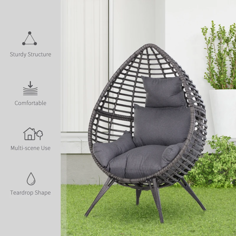 Outsunny Outdoor/Indoor Rattan Chair with Soft Cushion, Wicker Egg Lounge Chair for Backyard Garden Balcony Lawn, Grey