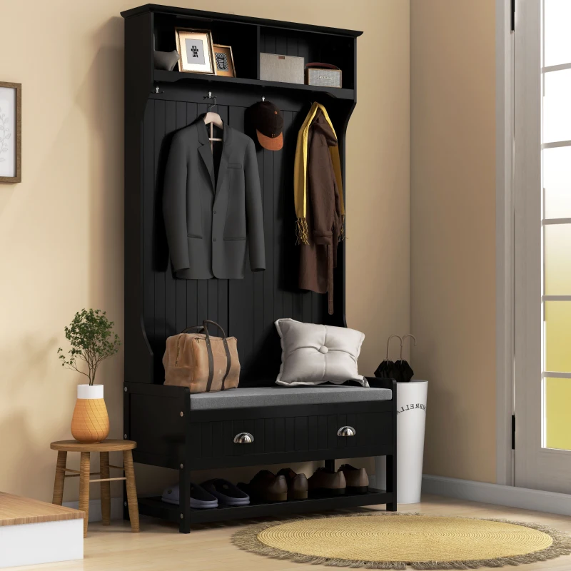 HOMCOM 3-in-1 Hall Tree, Entryway Bench with Coat Rack, Mudroom Bench with Shoe Rack, 2 Storage Drawers, 4 Hooks and Padded Seat Cushions for Hallway, Black