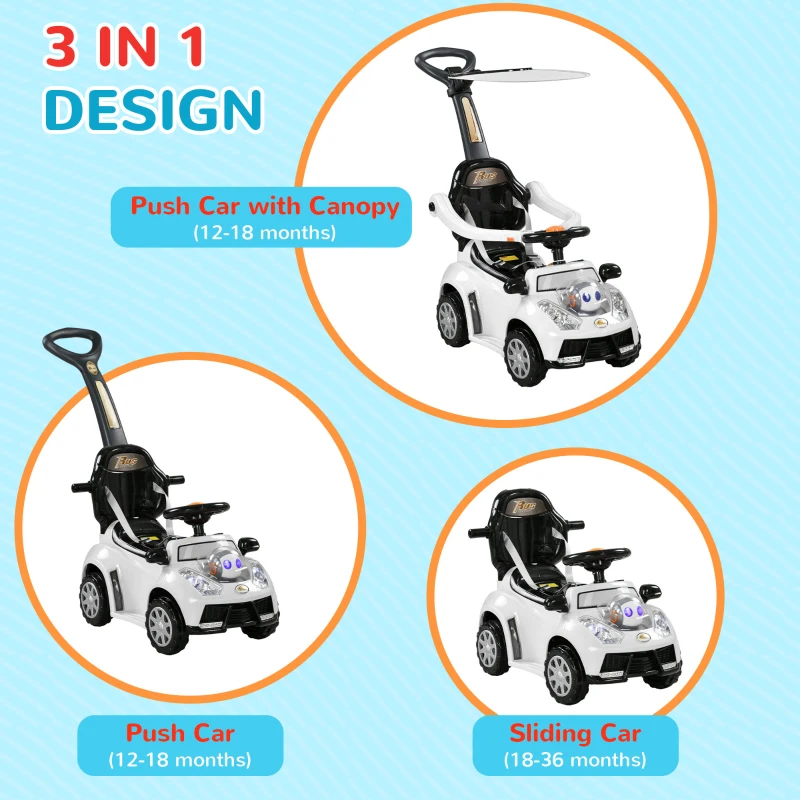 Qaba 3 in 1 Push Car Sliding Car with Removable Handle, Music, Horn, Canopy, Safety Guardrail, White