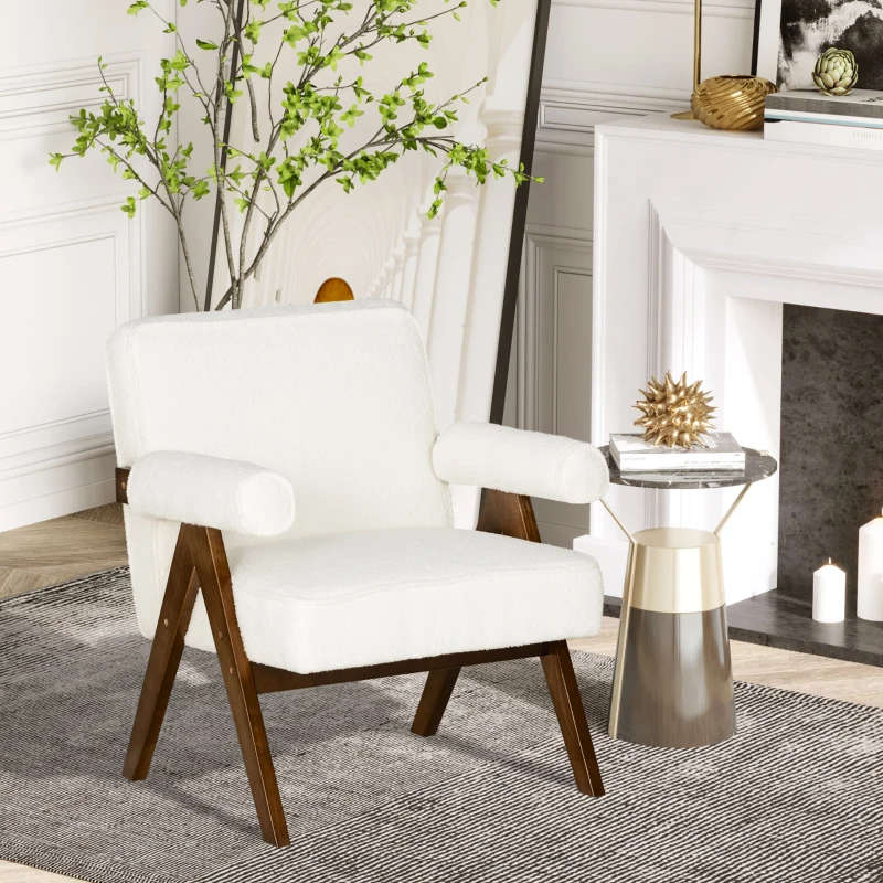 HOMCOM Cashmere Accent Chair Armchair with Wide Seat and Soft Padded Armrests for Reading, Bedroom, Cream White