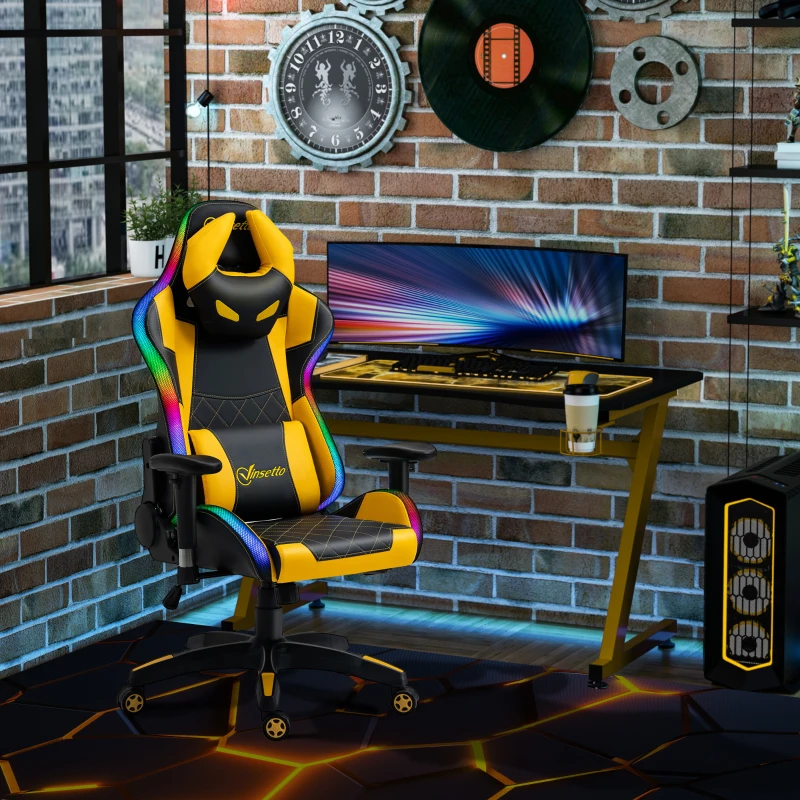 Vinsetto High-Back Racing Style Gaming Chair with RGB LED Lights, Computer Office Chair with Head and Lumbar Pillow and Adjustable Armrests, Black / Yellow
