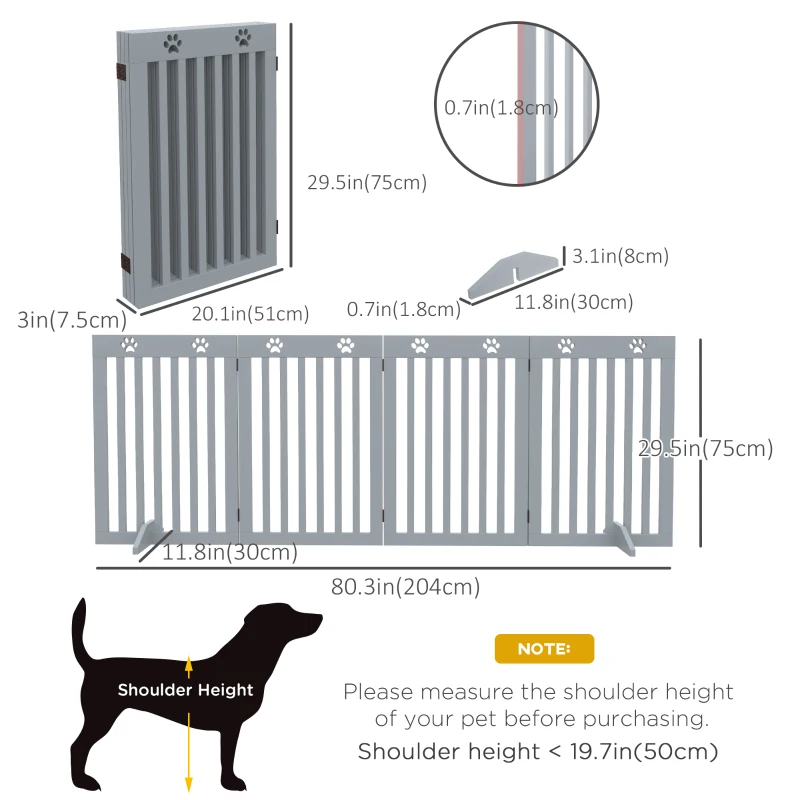 PawHut 80" Extra Wide Freestanding Pet Gate with Support Feet, Light Grey