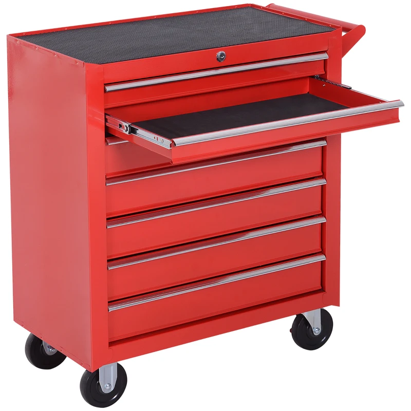 HOMCOM 7 Drawer Roller Tool Chest, Mobile Lockable Toolbox, Storage Organizer with Handle for Workshop Mechanics Garage, Red