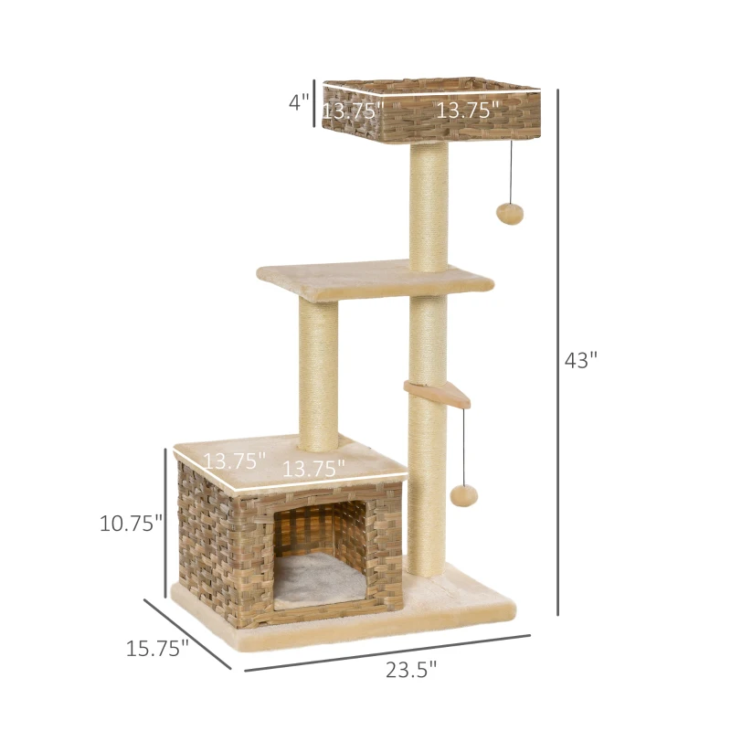 PawHut Cat tree Tower Climbing Kitten Activity Center Furniture with Sisal Scratching Post Rattan Condo Perch Hanging Balls 23.5" x 15.75" x 43"