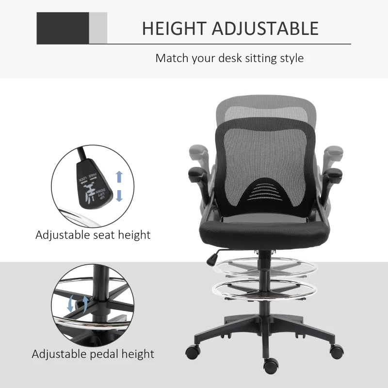 Vinsetto Adjustable Drafting Chair Tall Office Stand-Up Chair with Flip-up Armrest and Foot Ring, 360° Swivel, Black
