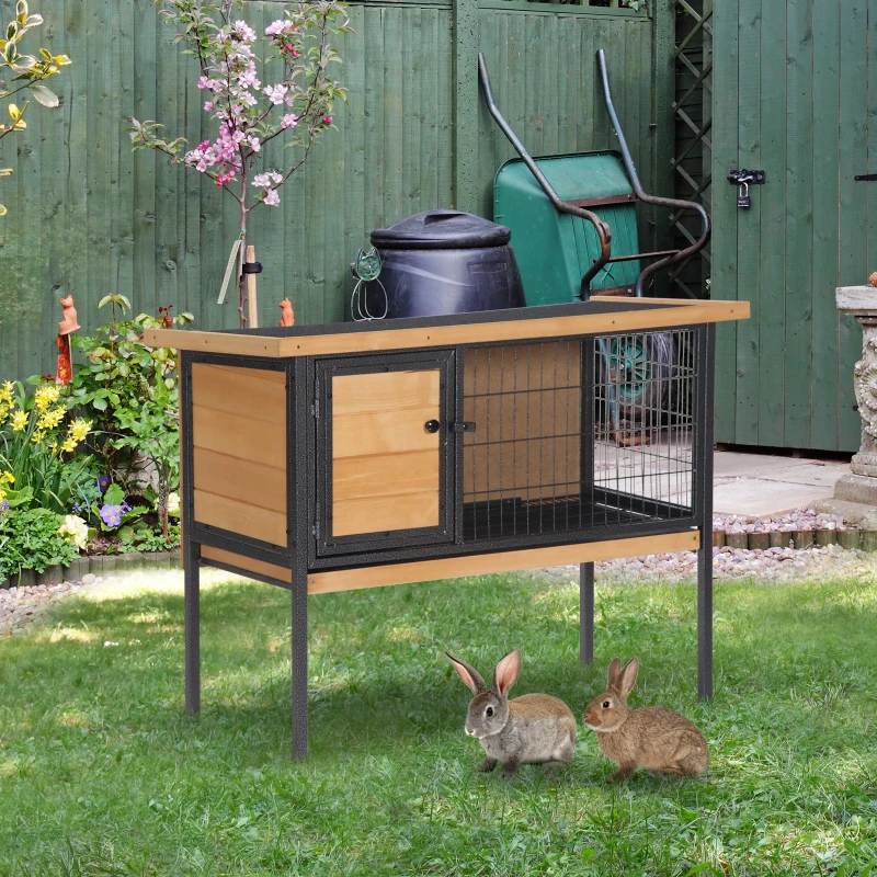 PawHut Rabbit Hutch Elevated Bunny Cage Small Animal Habitat with Metal Frame, No Leak Tray, Metal Wire Pan, Openable Water-Resistant Asphalt Roof for Rabbits, Chickens, Ducks, Indoor/Outdoor Natural