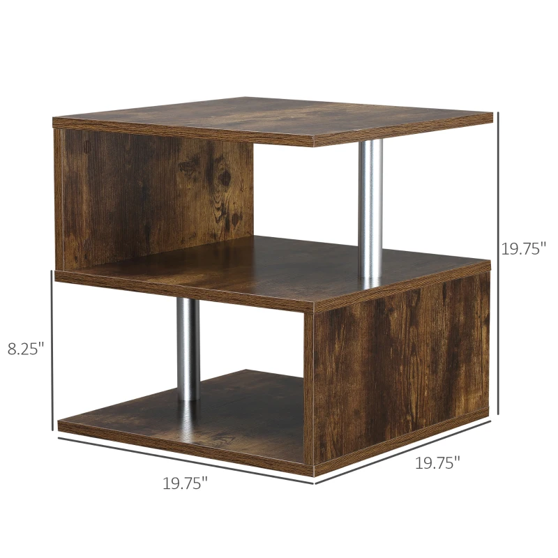 HOMCOM 20" Modern End Table, Accent Side Table, S-Shaped Coffee Table with Storage Shelf and Steel Poles, Rustic Brown