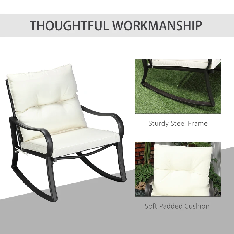 Outsunny 3 Pieces Patio Wicker Rocking Chairs Table Set, Outdoor PE Rattan Furniture with 2 Rockers & 1 Coffee Table w/ Padded Cushions for Deck, Backyard, Garden, Cream White