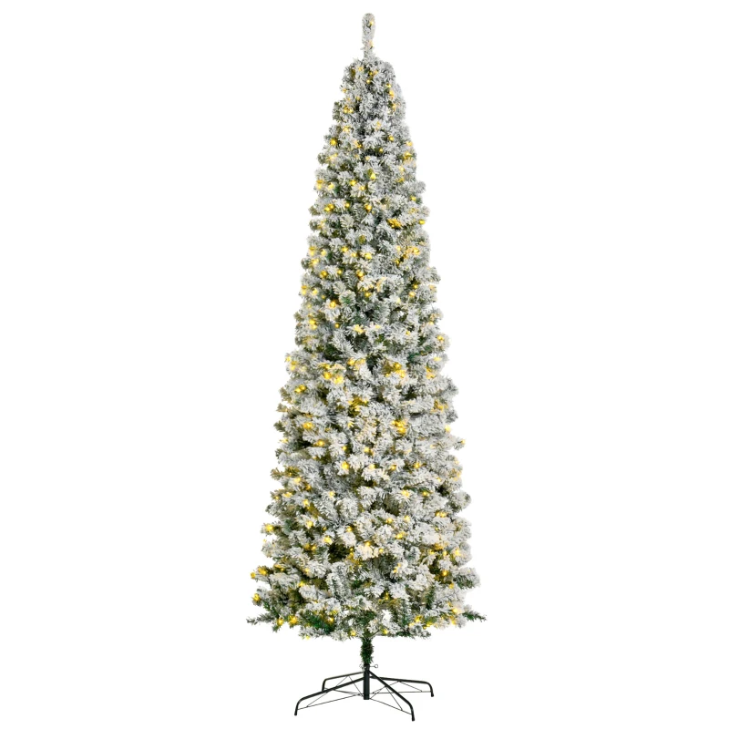 HOMCOM 9ft Pre Lit Christmas Tree Artificial Snow Flocked Pencil Christmas Tree with Warm White LED Light, Holiday Home Xmas Decoration, Green