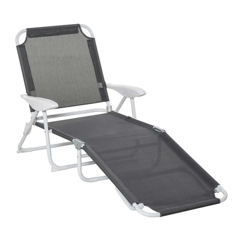 Outsunny Folding Lounge Chair, Portable Outdoor Chaise Lounge, Sun Tanning Chair with 4-Position Reclining Back, Armrests, Metal Frame and Mesh Fabric for Beach, Yard, Patio, Dark Gray