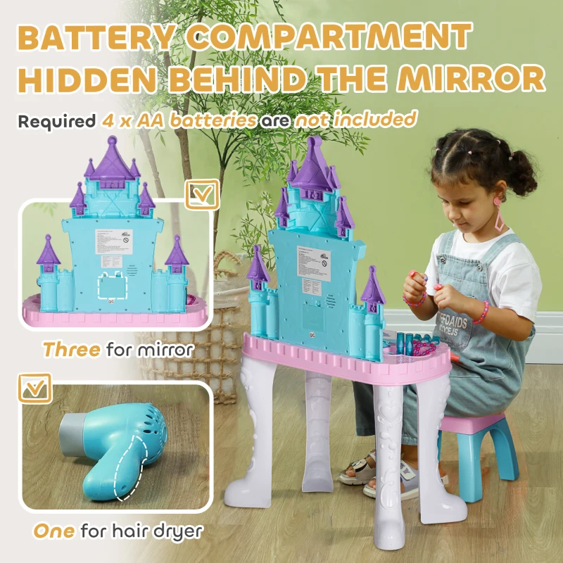 Qaba Kids Vanity Set with Mirror and Stool, Light, Music, Castle Design Makeup Table for Girls 3-6 Years, Multicolor