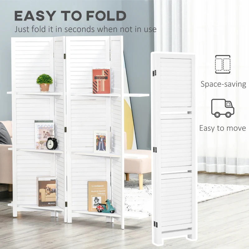 HOMCOM 4 Panel 67" Tall Wood Privacy Screen Room Divider with 3 Shelves and Folding Storage for Bedroom, White